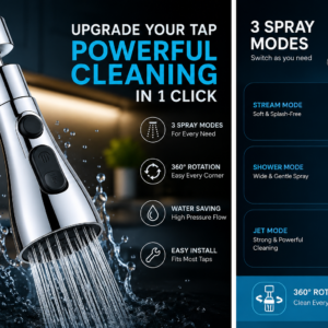 360 high pressure faucet sprayer with chrome finish attached to kitchen tap